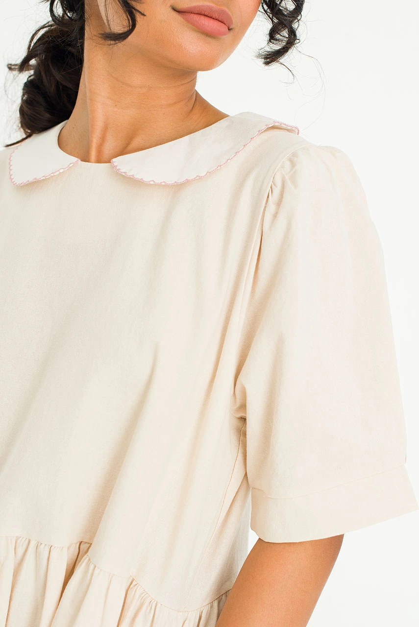 Sara Embroidery Collar Dress, Beige
