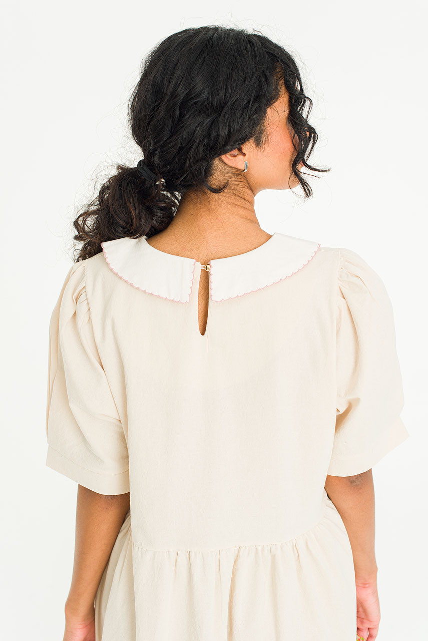 Sara Embroidery Collar Dress, Beige