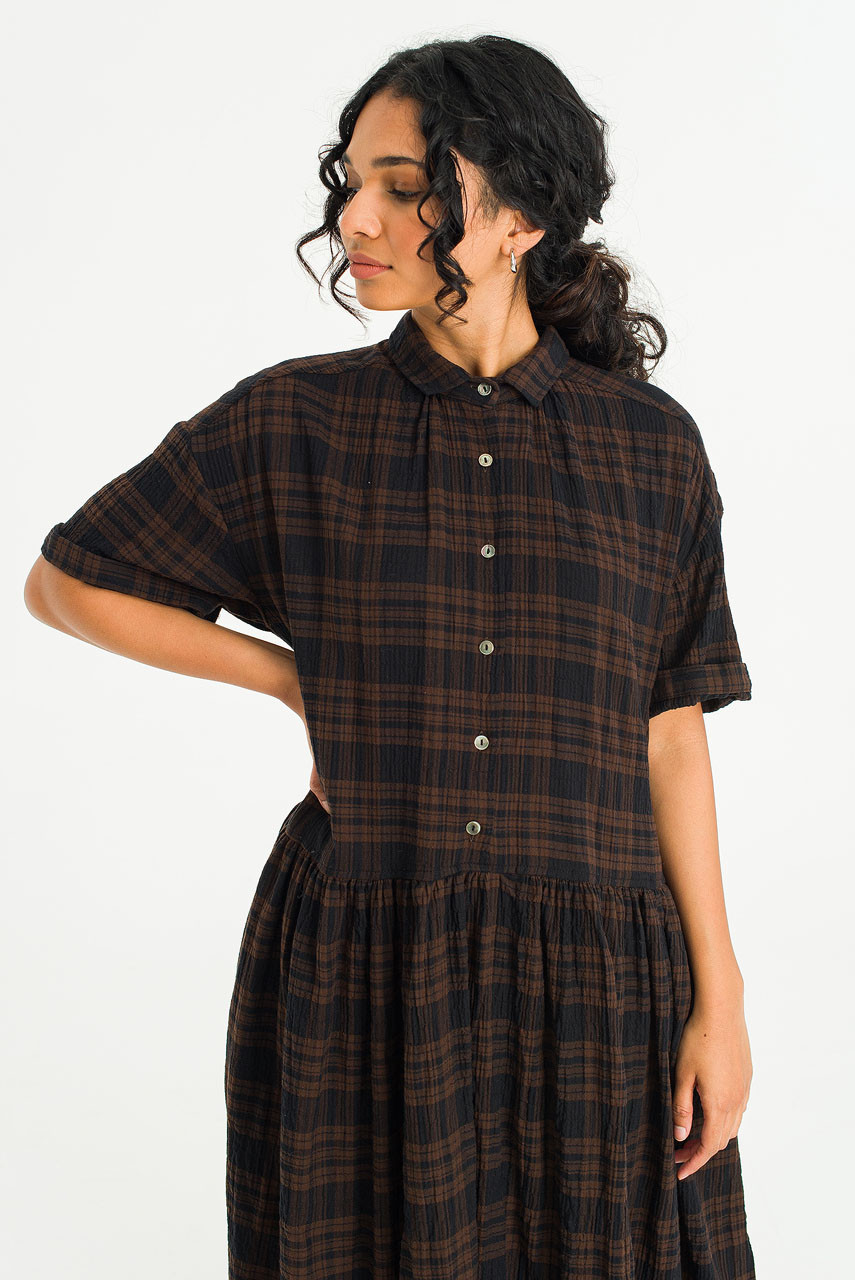 Bea Check Boxy Shirt Dress, Brown