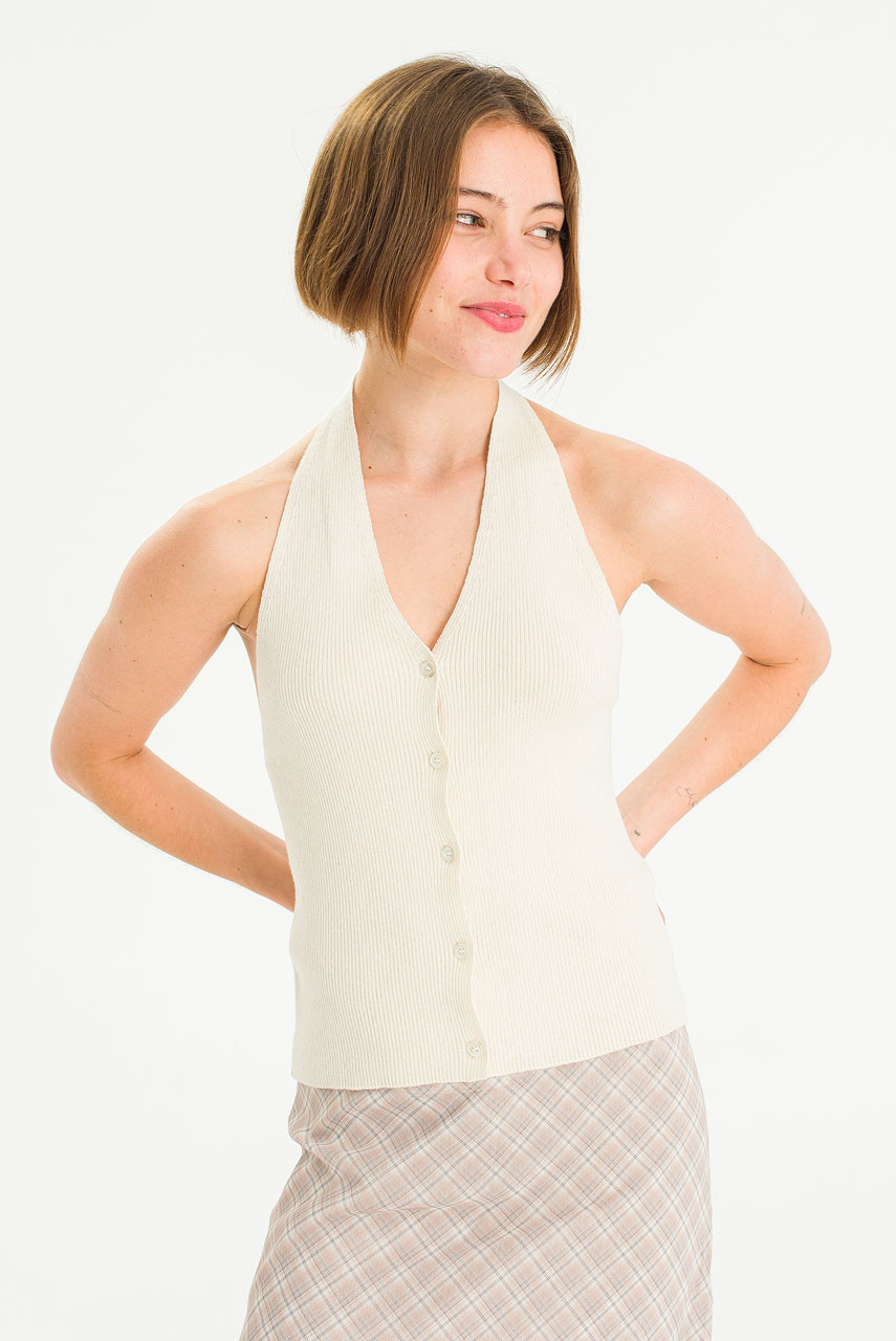 Ribbed Knit Halters Top, Ivory