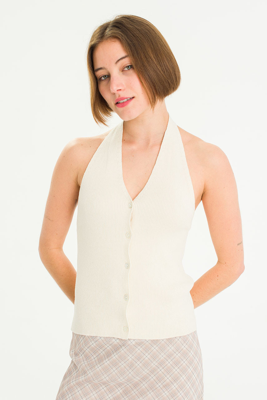 Ribbed Knit Halters Top, Ivory