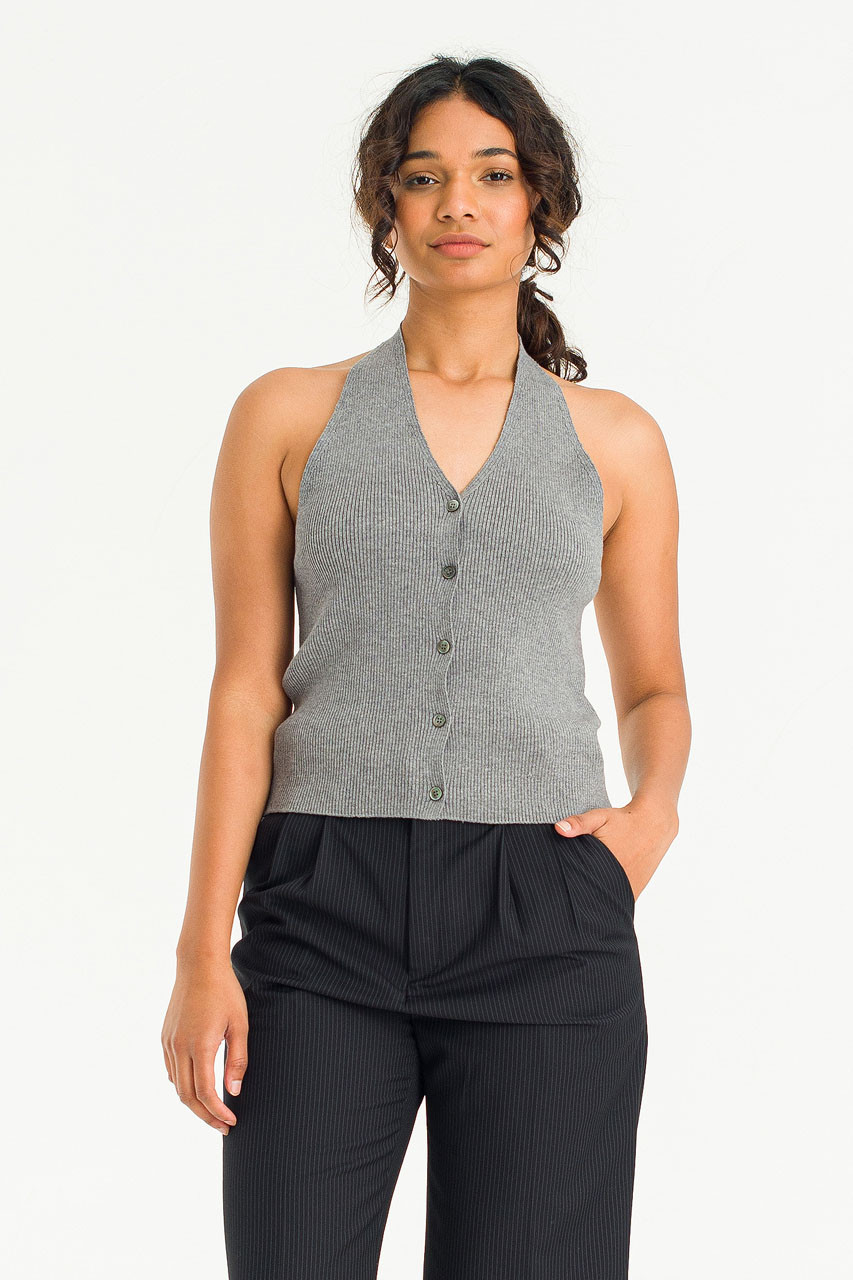 Ribbed Knit Halters Top, Grey