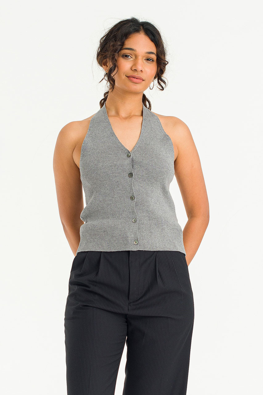 Ribbed Knit Halters Top, Grey