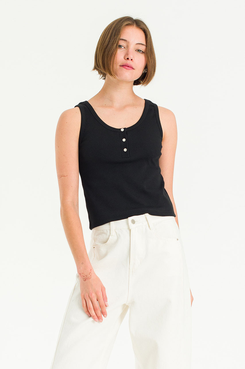Bea Button Sleeveless Tee, Black