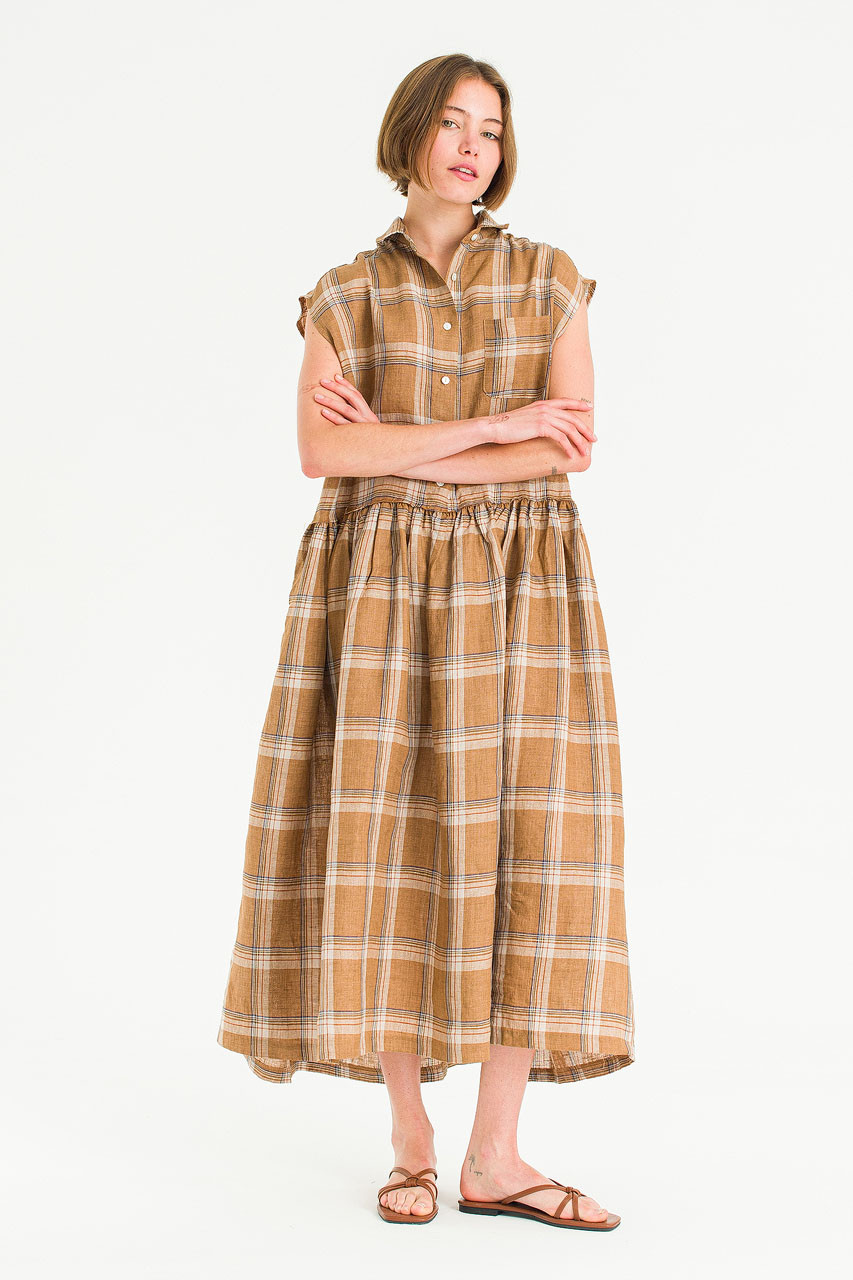 Linen Check Shirt Dress, Beige