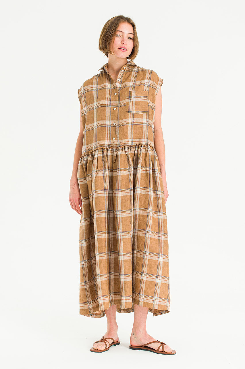 Linen Check Shirt Dress, Beige