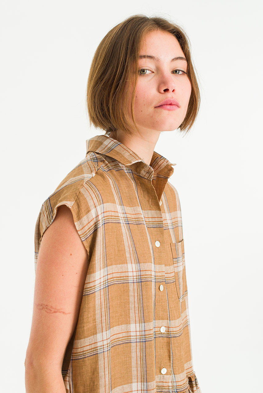 Linen Check Shirt Dress, Beige