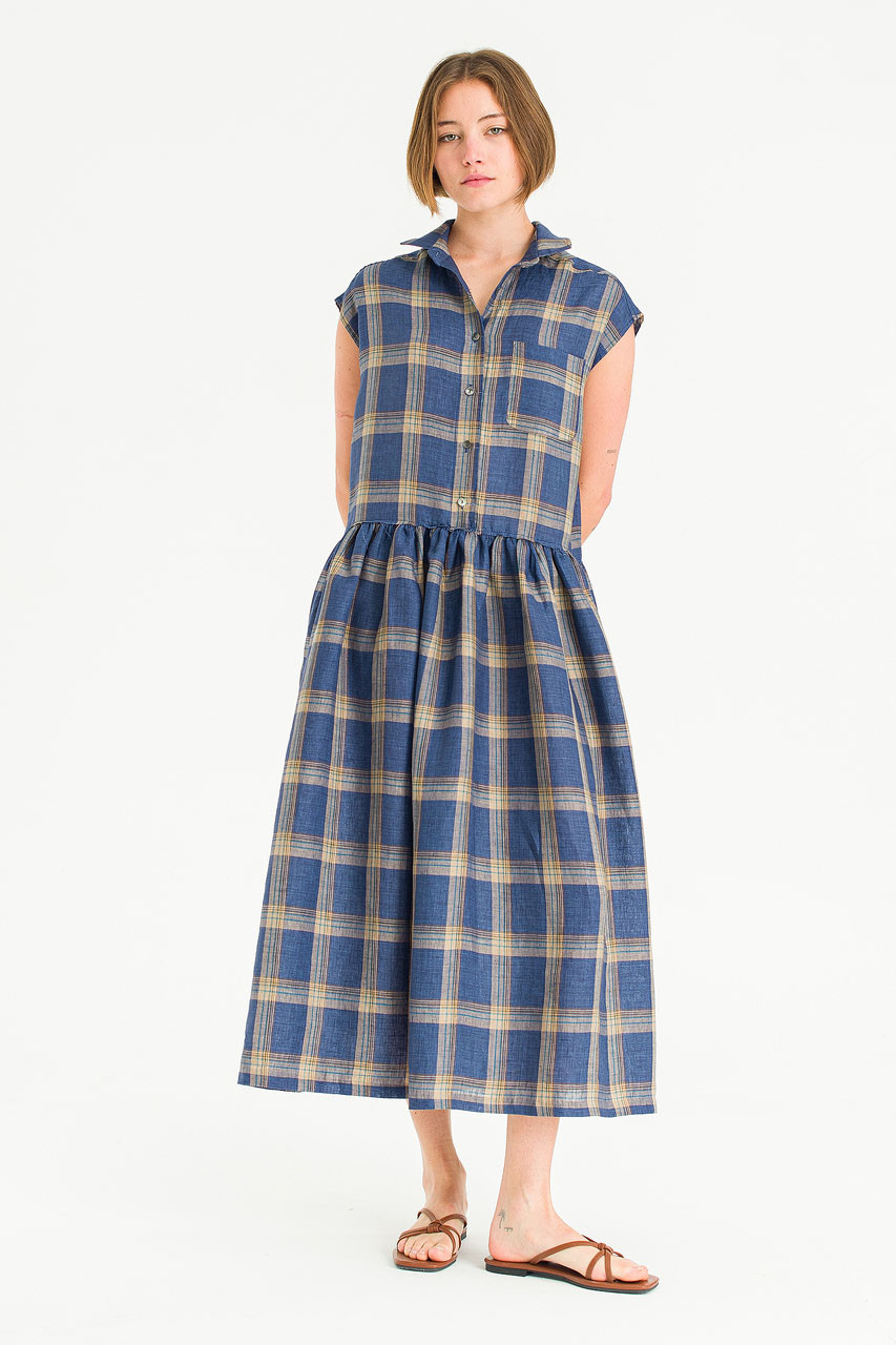 Linen Check Shirt Dress, Navy