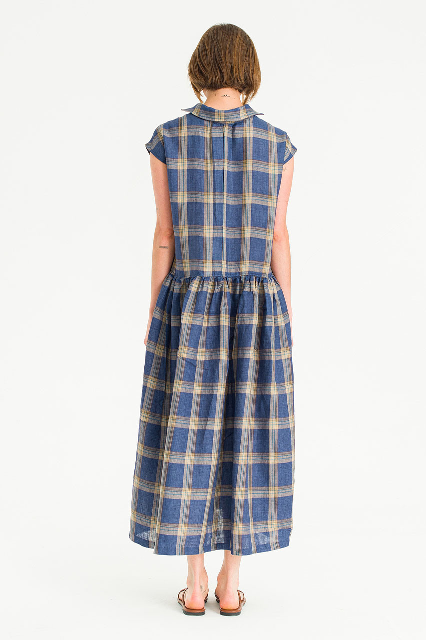 Linen Check Shirt Dress, Navy