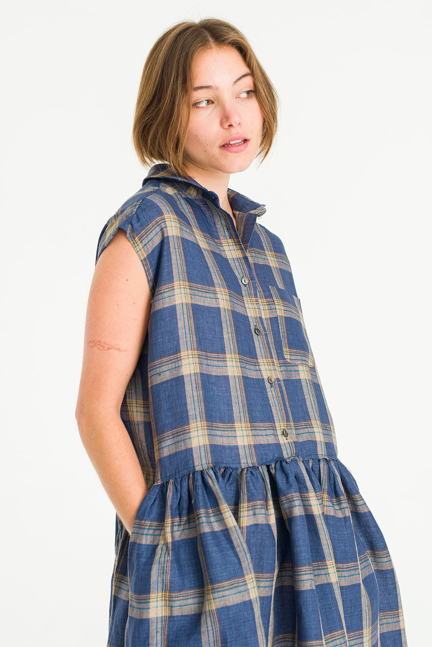 Linen Check Shirt Dress, Navy