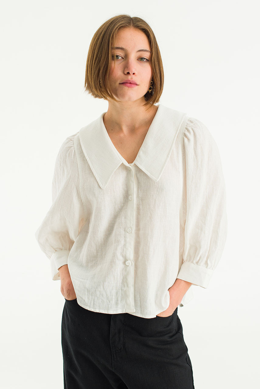 Lune Collar Linen Blouse, Ivory
