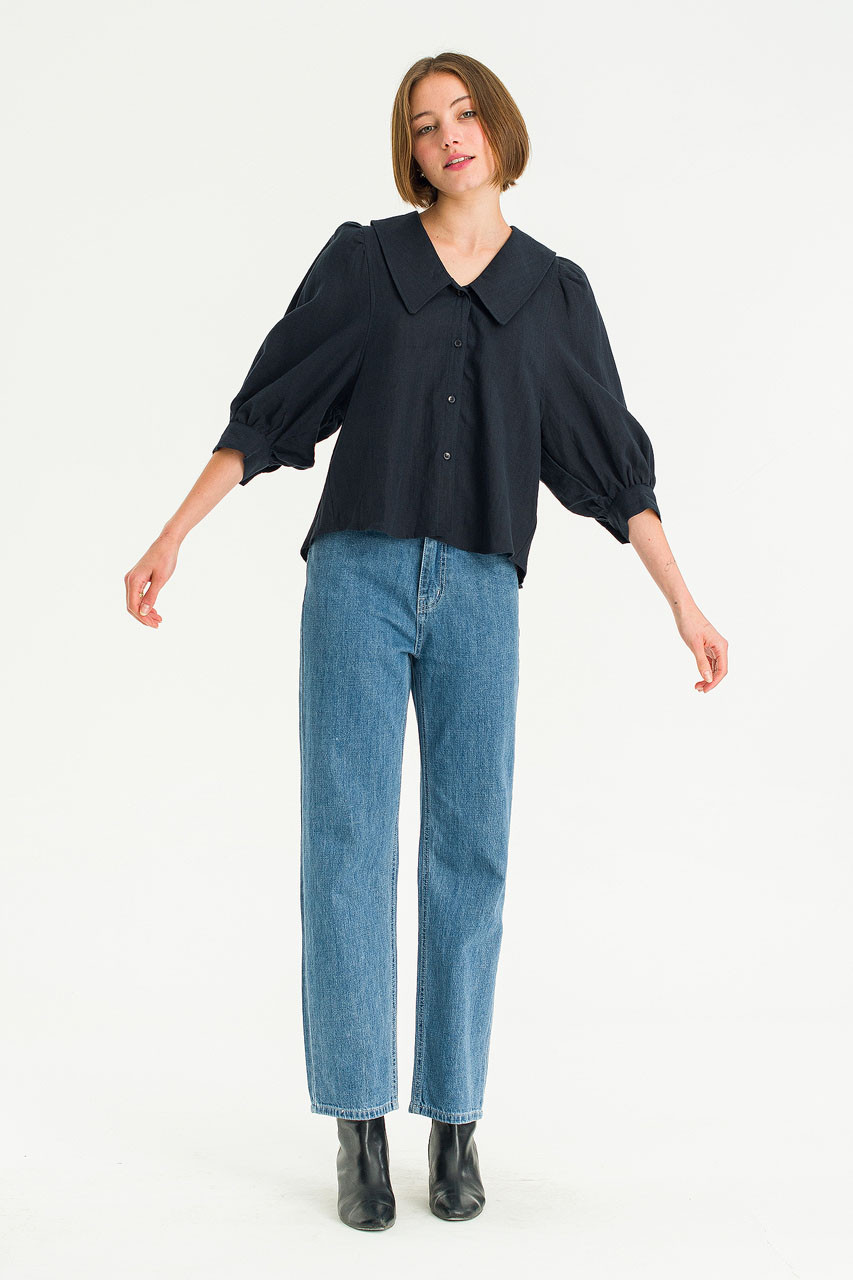 Lune Collar Linen Blouse, Navy