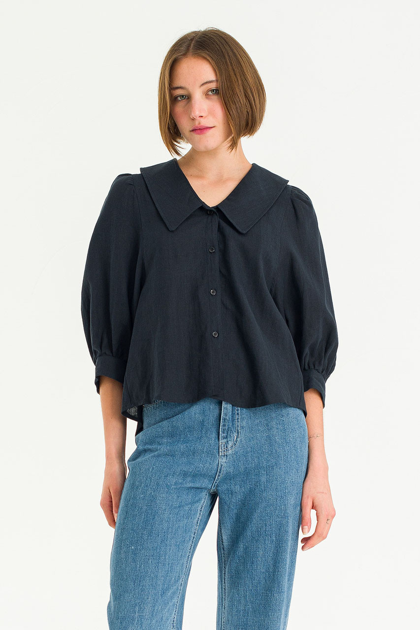 Lune Collar Linen Blouse, Navy