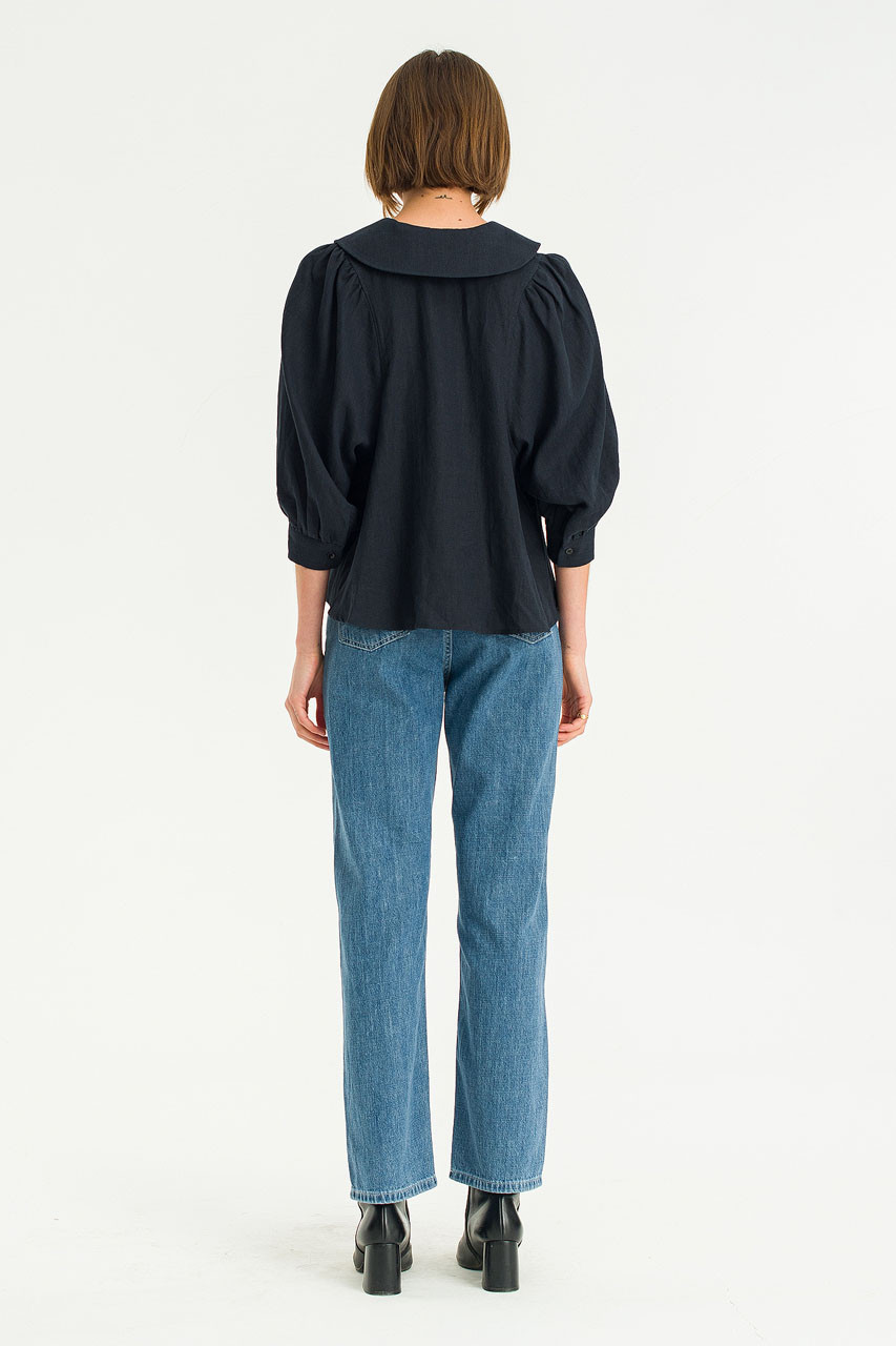 Lune Collar Linen Blouse, Navy