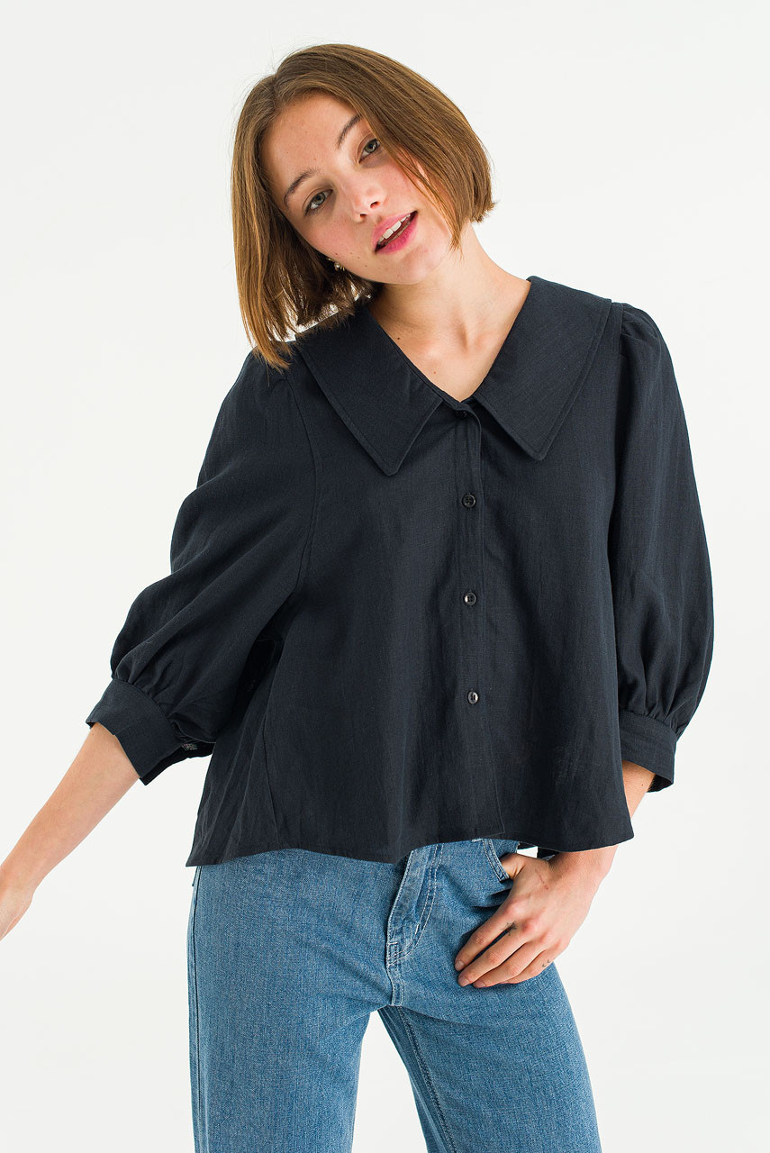 Lune Collar Linen Blouse, Navy