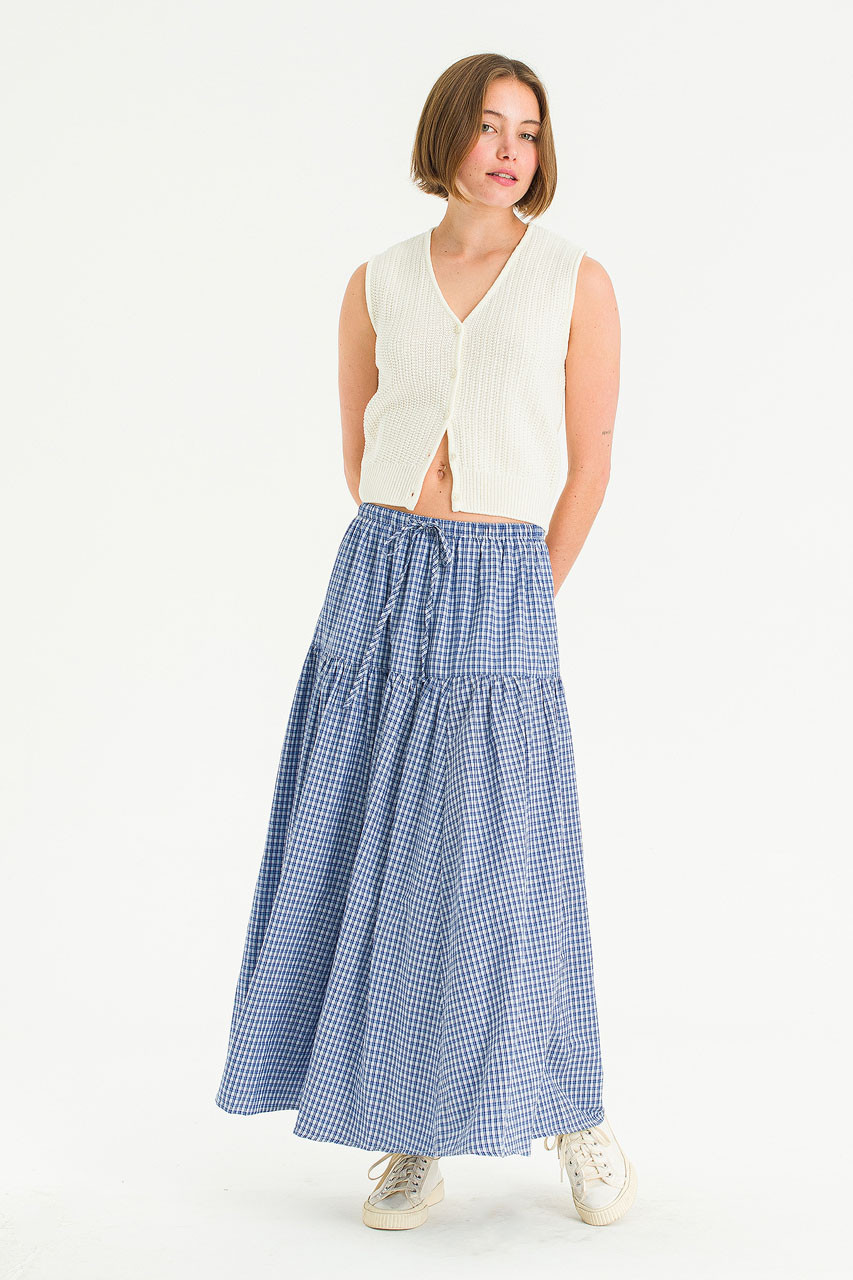 Lune Check Long Skirt, Blue