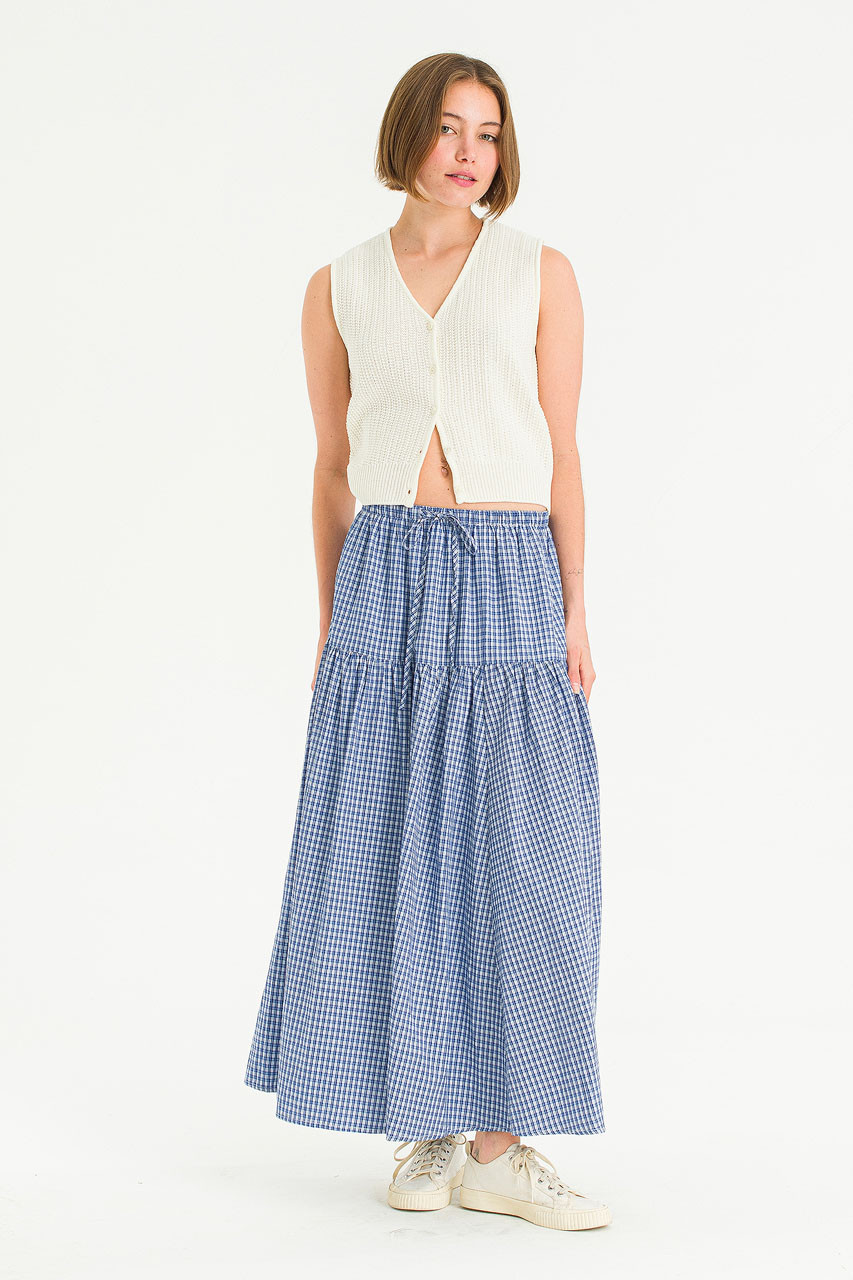 Lune Check Long Skirt, Blue