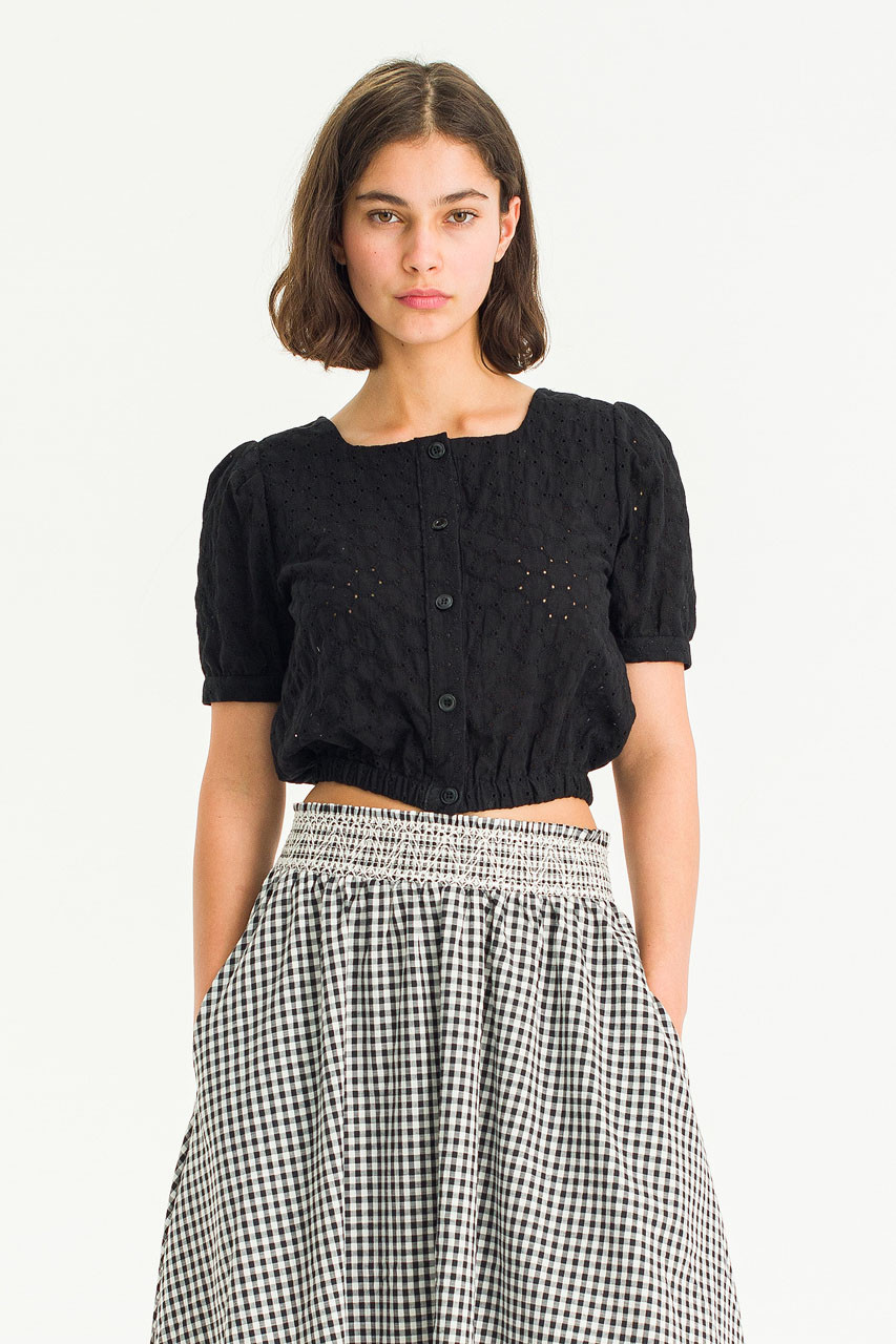 Pique Peony Top, Black