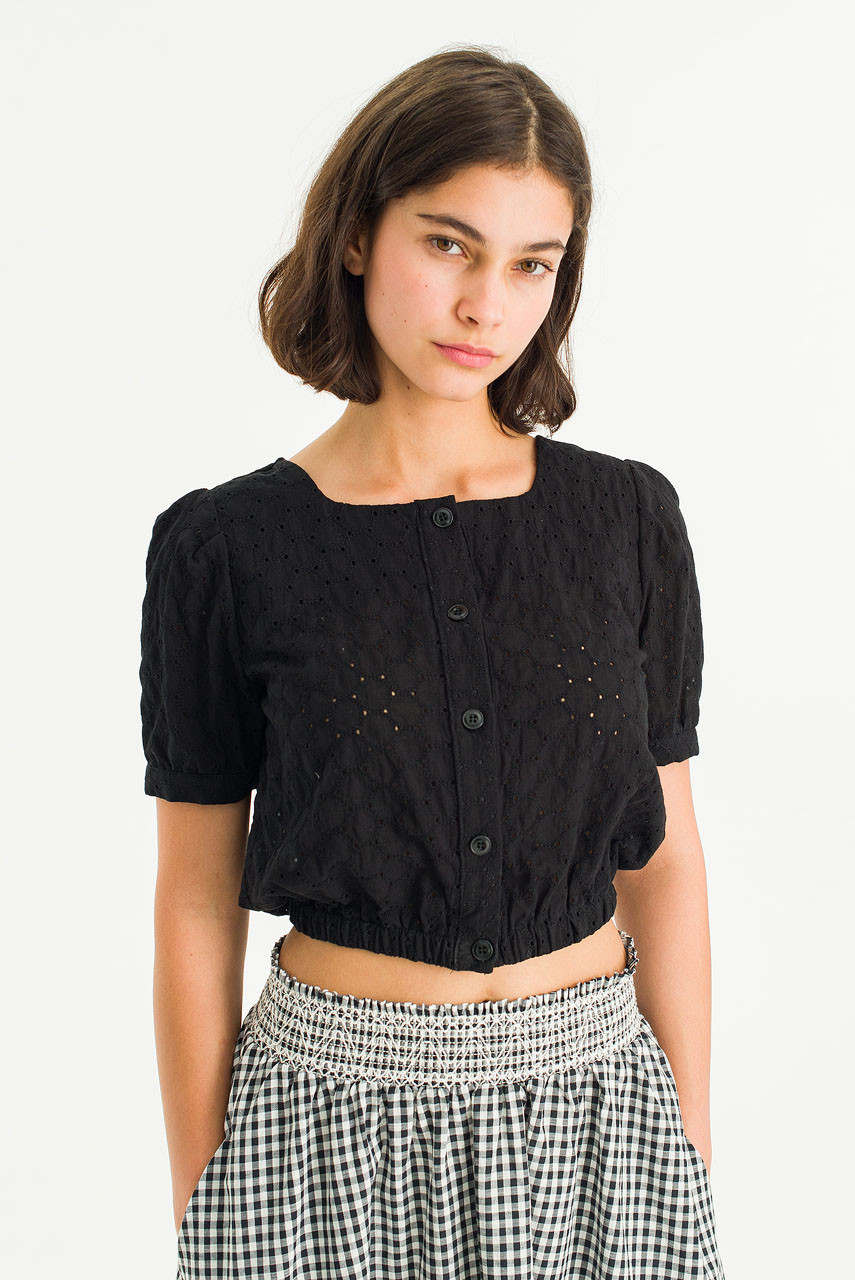 Pique Peony Top, Black