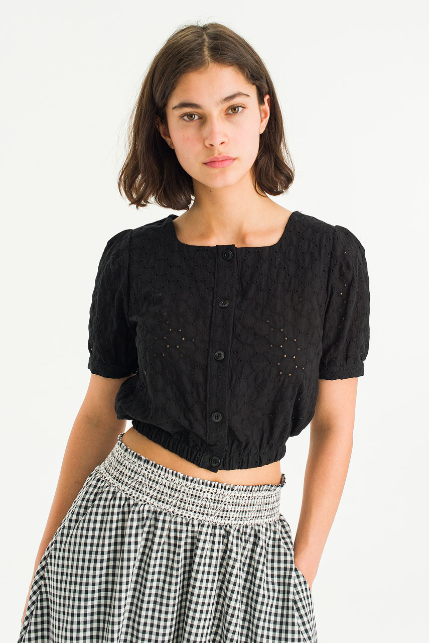 Pique Peony Top, Black