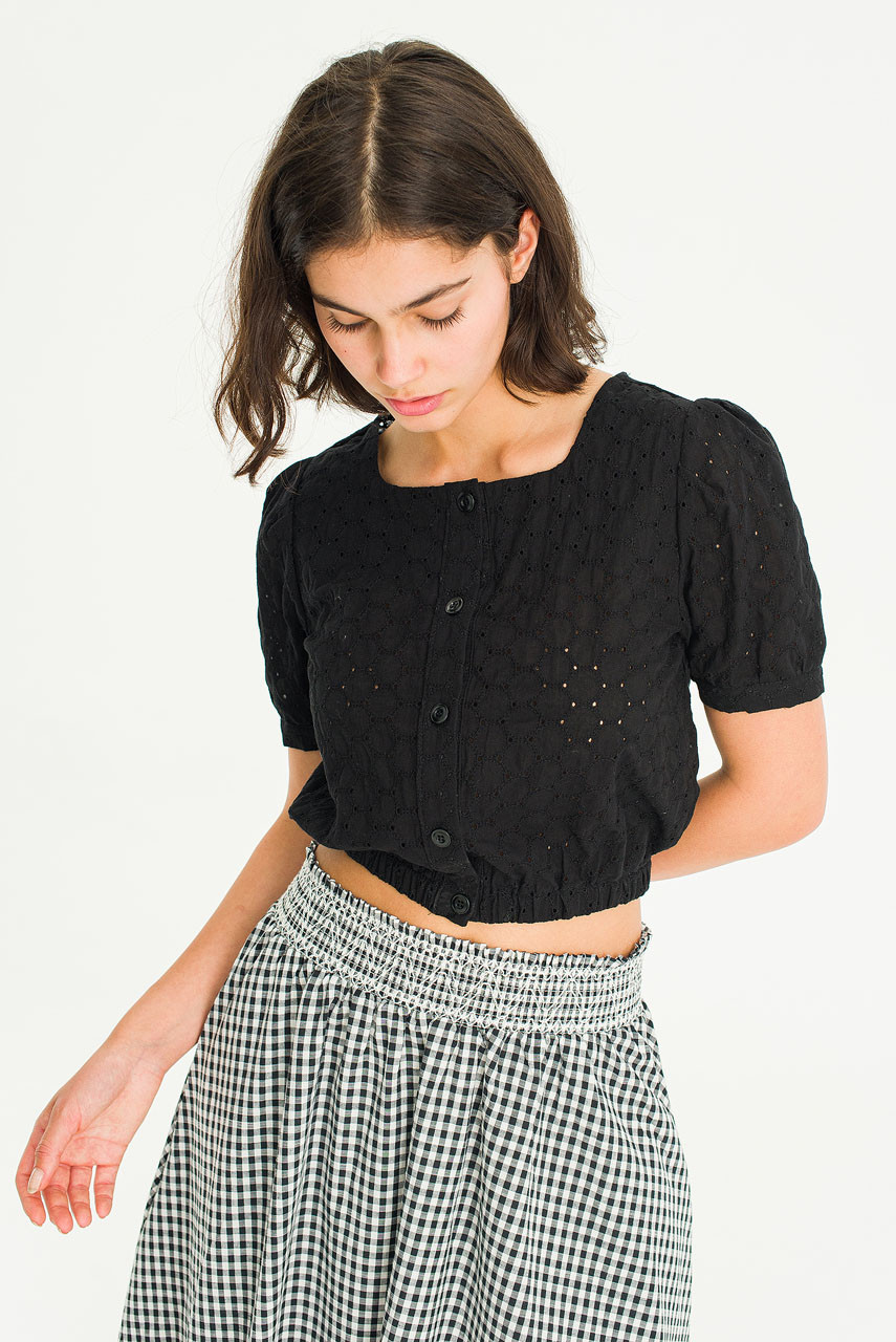Pique Peony Top, Black