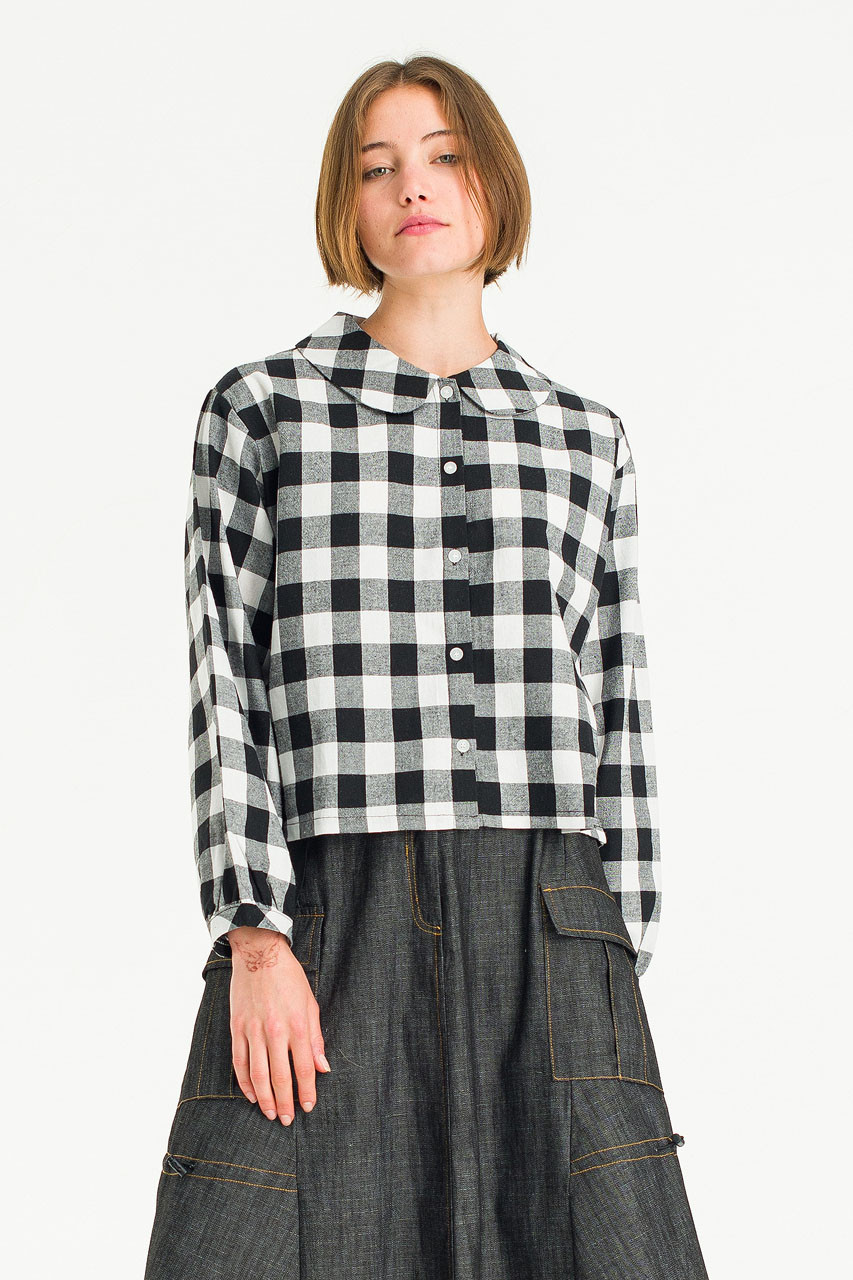 Jena Peter Collar Gingham Crop Blouse, Black/Ivory
