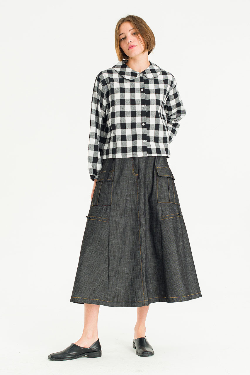Jena Peter Collar Gingham Crop Blouse, Black/Ivory