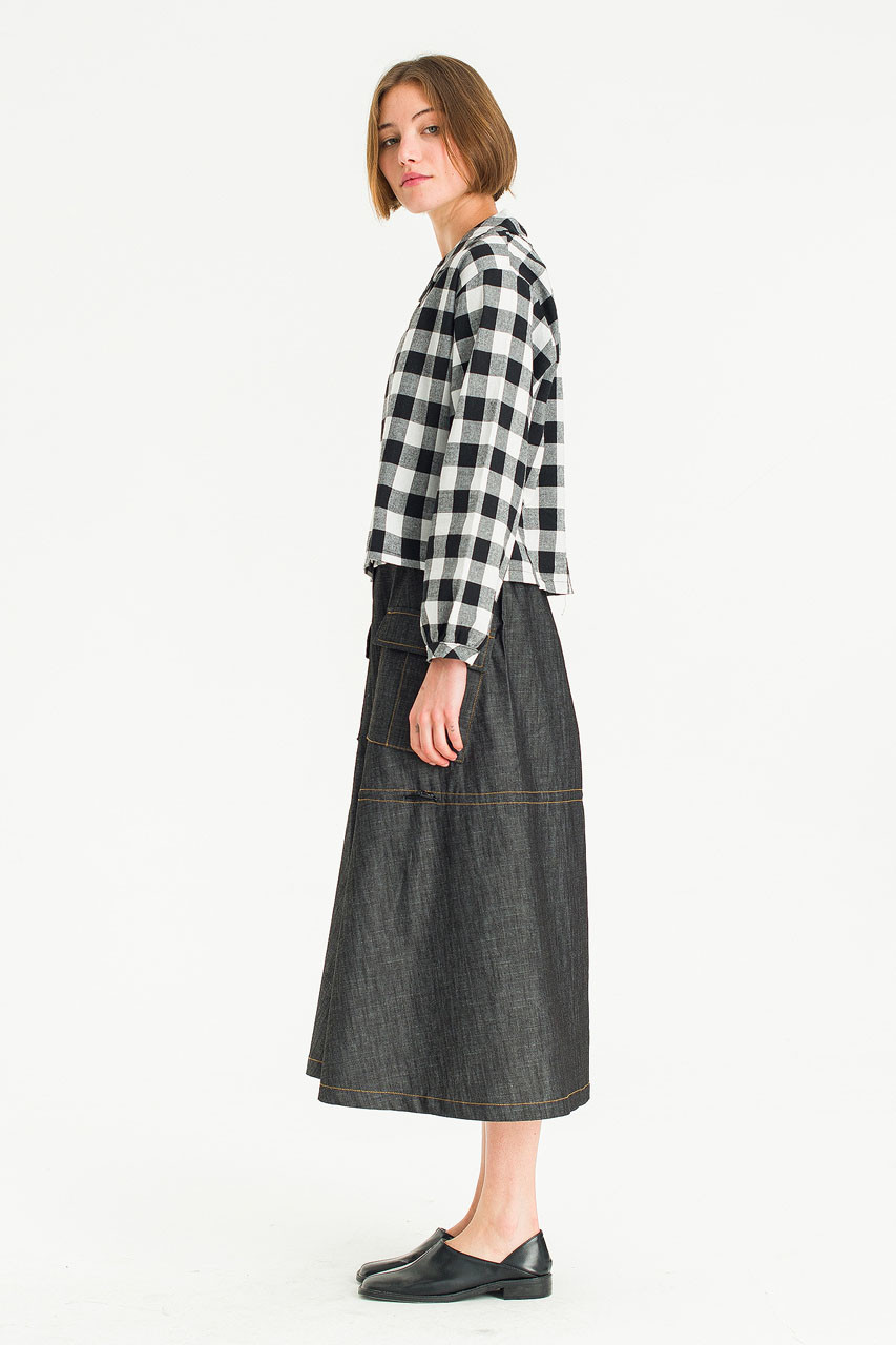 Jena Peter Collar Gingham Crop Blouse, Black/Ivory