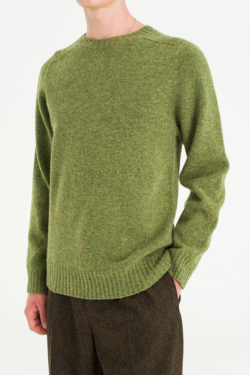 Menswear | Brushed Shetland Crew Neck Jumper, Olive Green