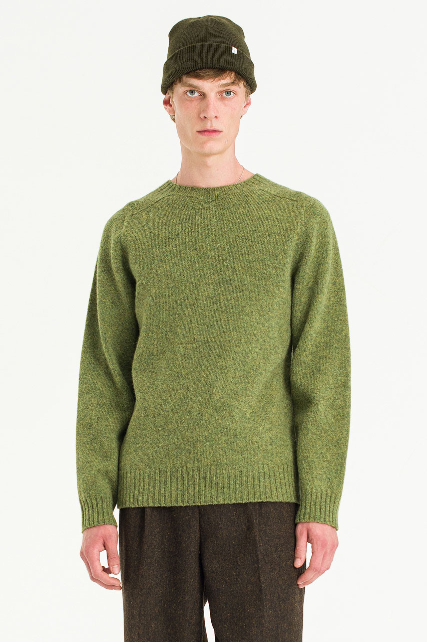 Menswear | Brushed Shetland Crew Neck Jumper, Olive Green