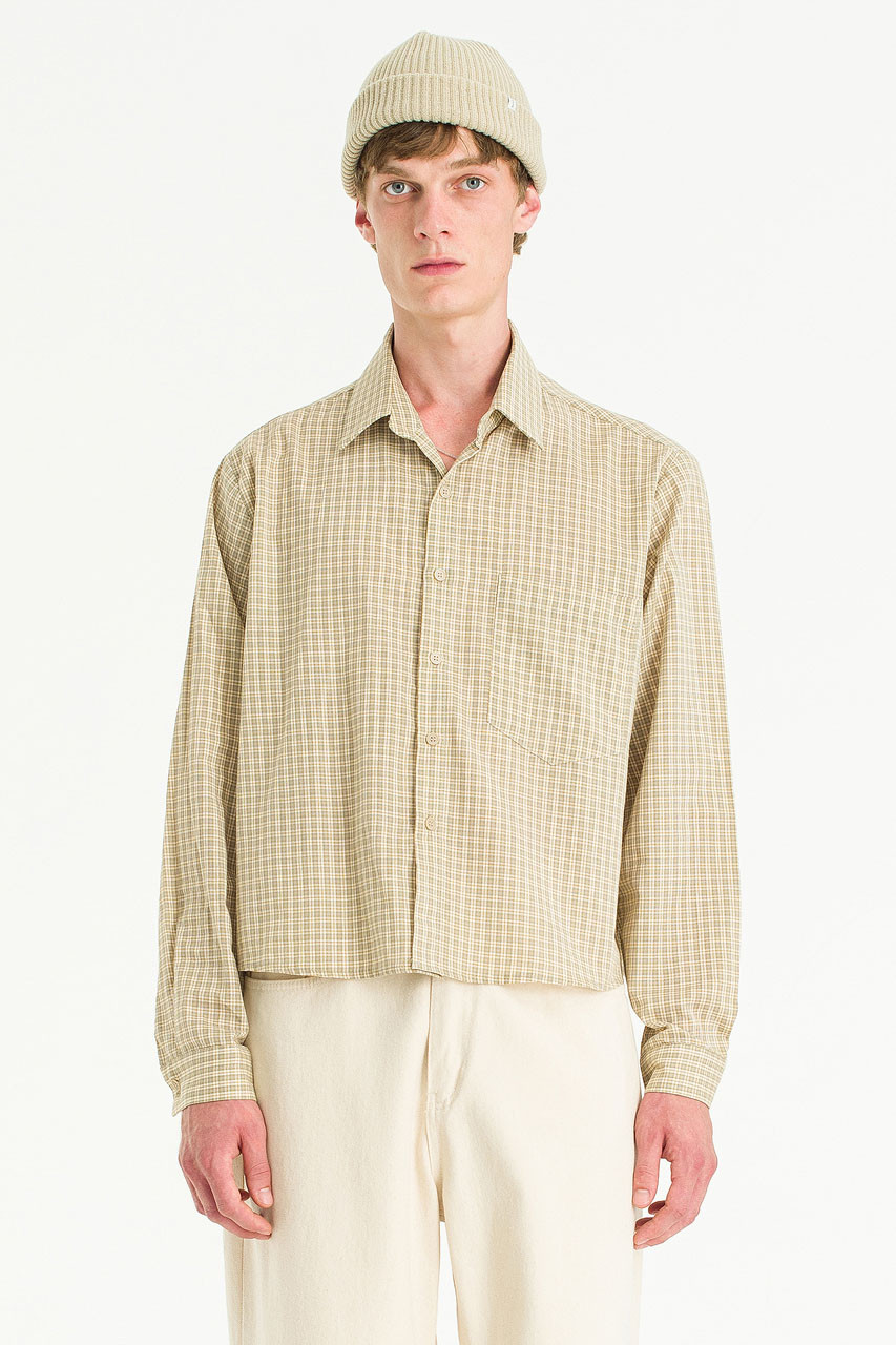 Menswear | Cropped Linen Check Shirt, Beige
