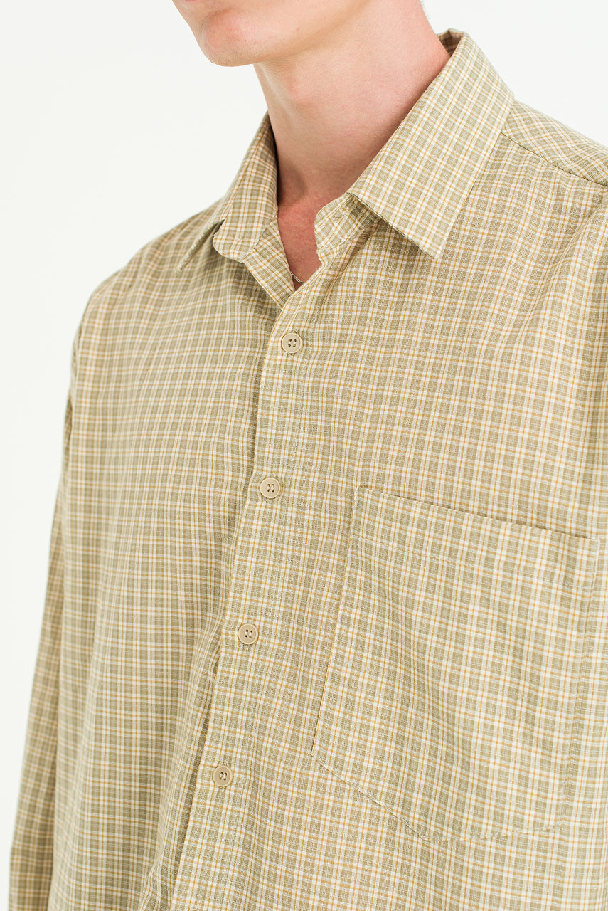 Menswear | Cropped Linen Check Shirt, Beige