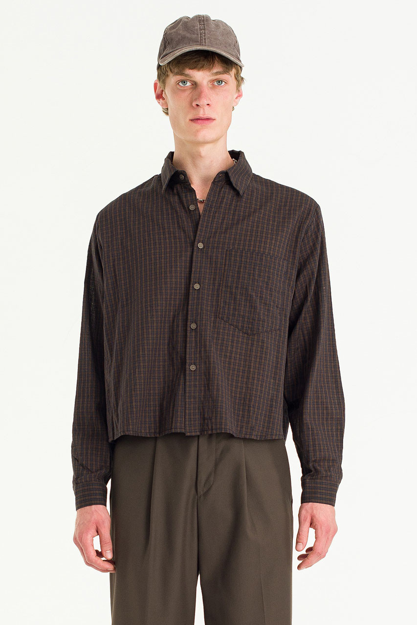 Menswear | Cropped Linen Check Shirt, Brown