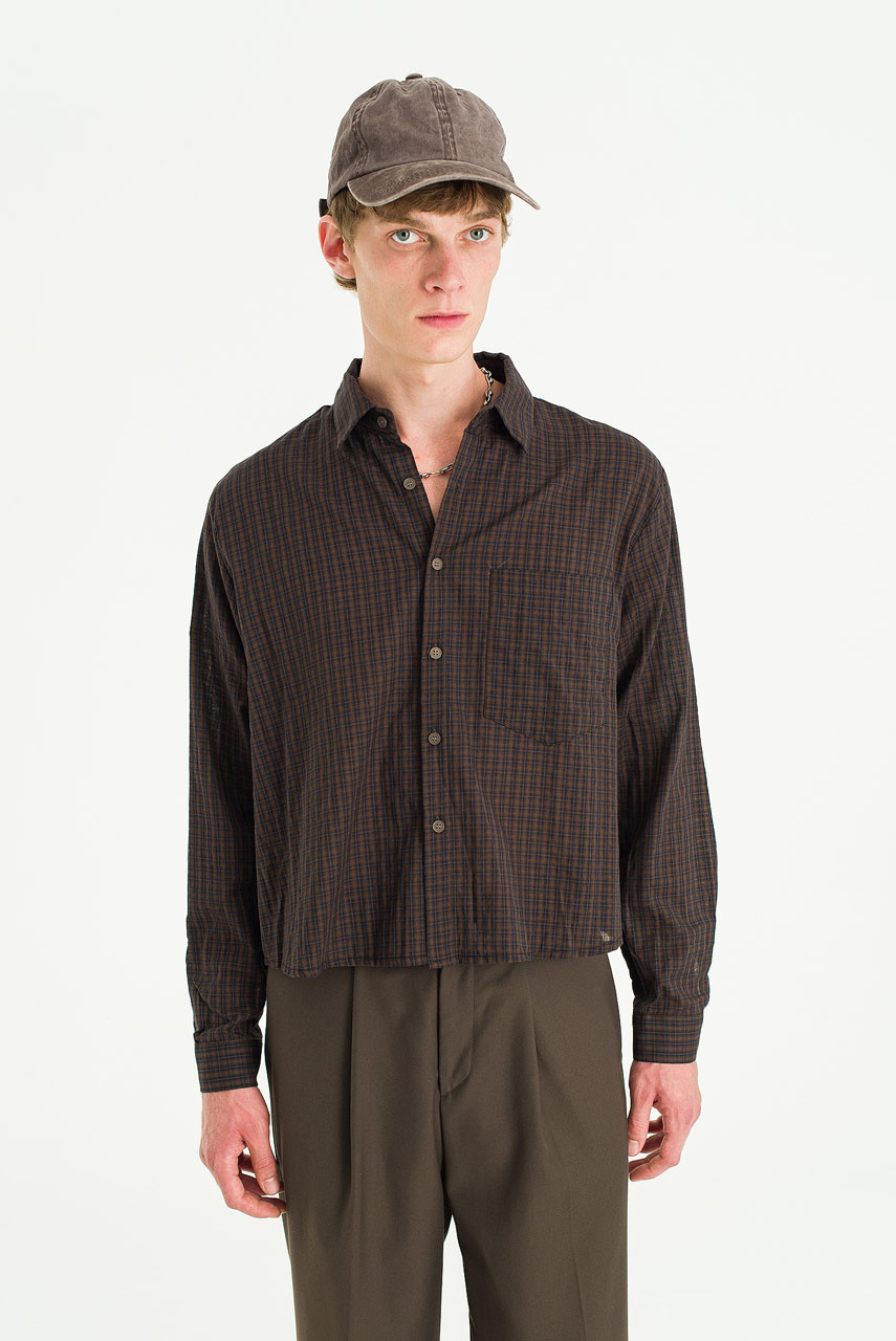Menswear | Cropped Linen Check Shirt, Brown