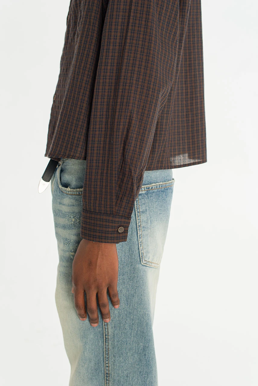 Menswear | Cropped Linen Check Shirt, Brown