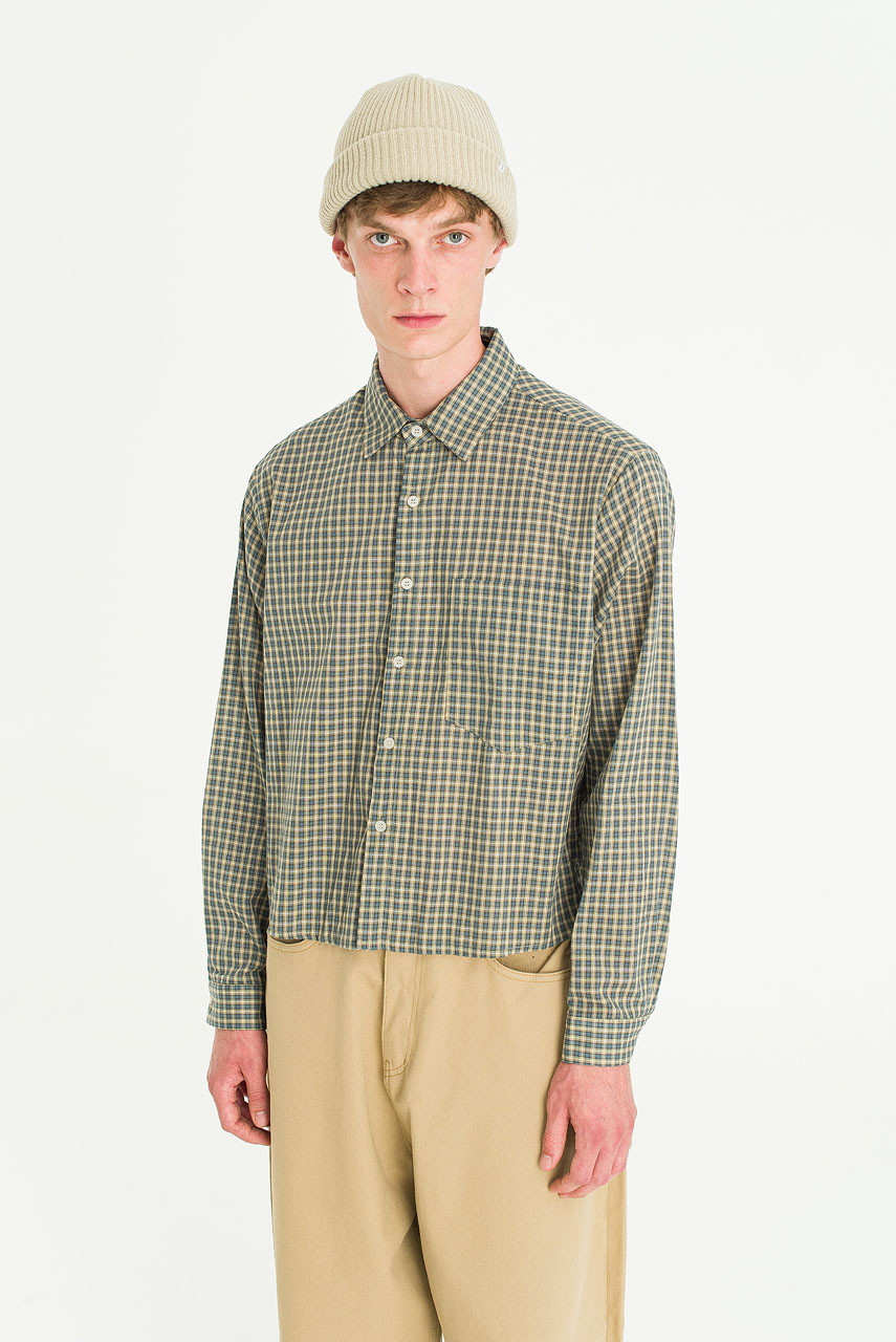 Menswear | Cropped Linen Check Shirt, Mint