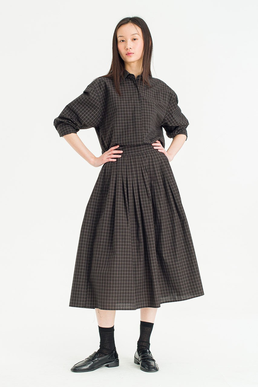 Plaid Line Check Skirt, Dark Brown