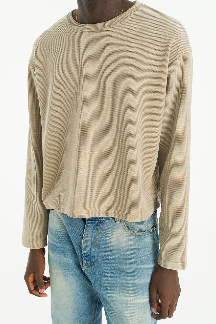 Menswear | Cropped Long-Sleeve Waffle Tee, Beige