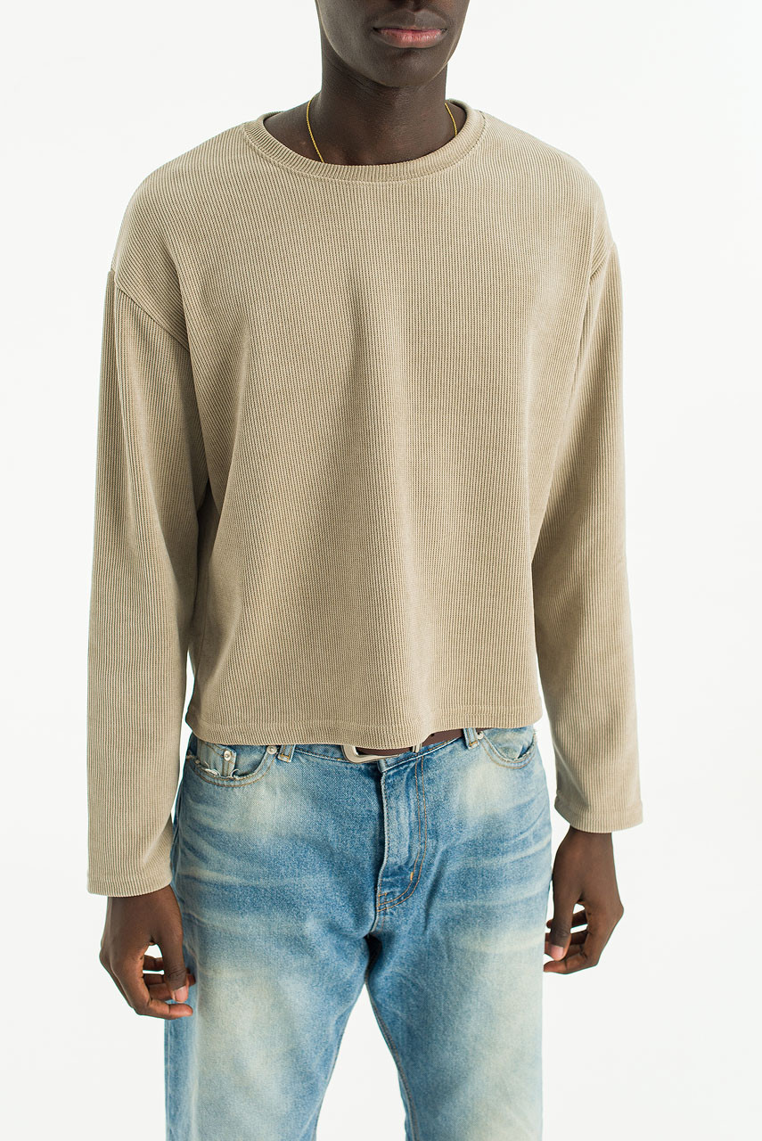 Menswear | Cropped Long-Sleeve Waffle Tee, Beige
