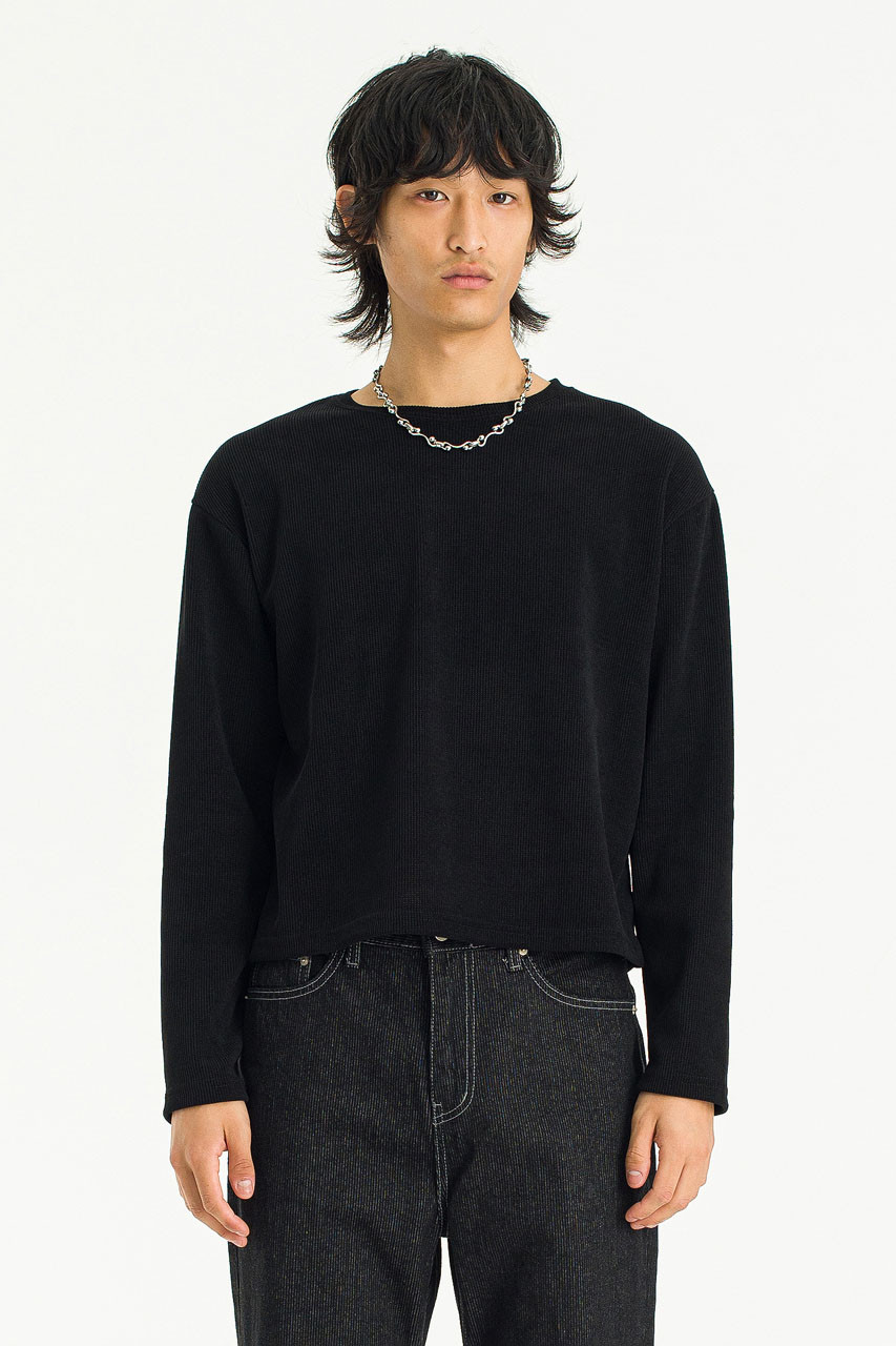 Menswear | Cropped Long-Sleeve Waffle Tee, Black