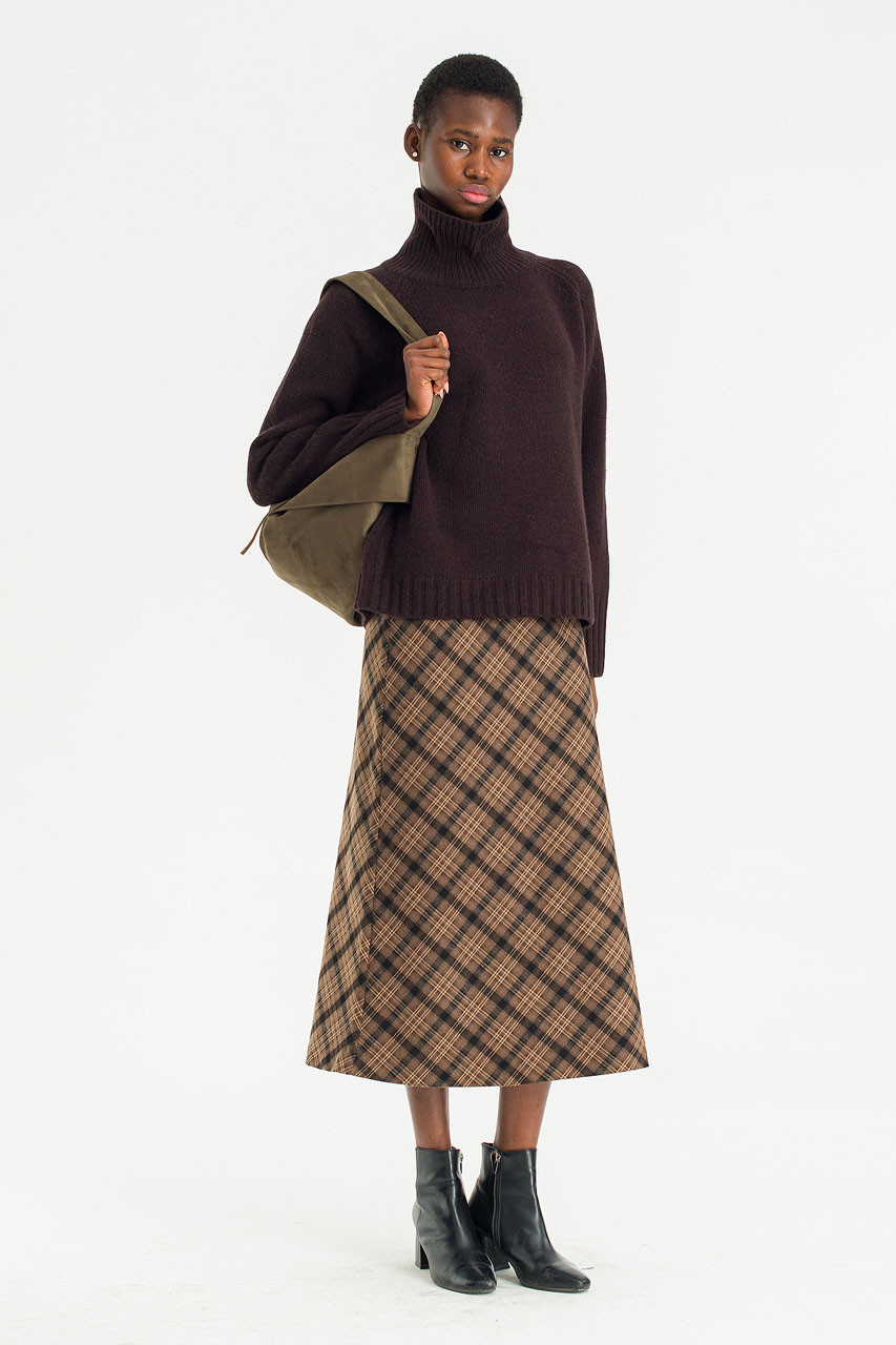 Mare Check Long Skirt, Brown