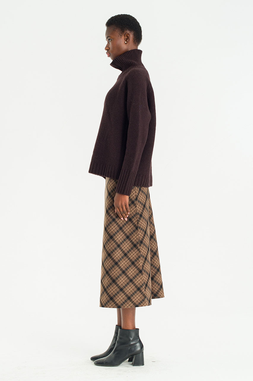 Mare Check Long Skirt, Brown