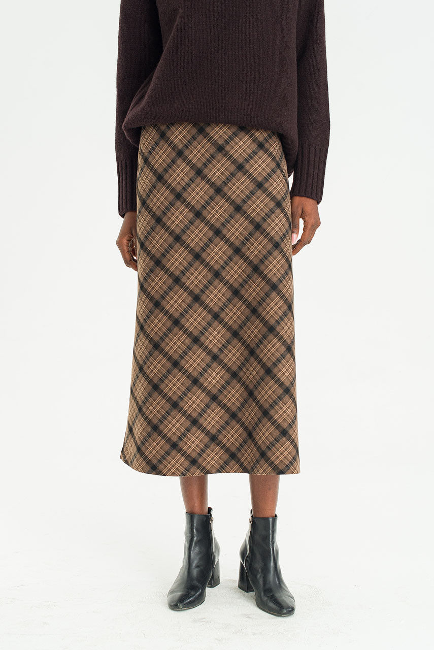 Mare Check Long Skirt, Brown