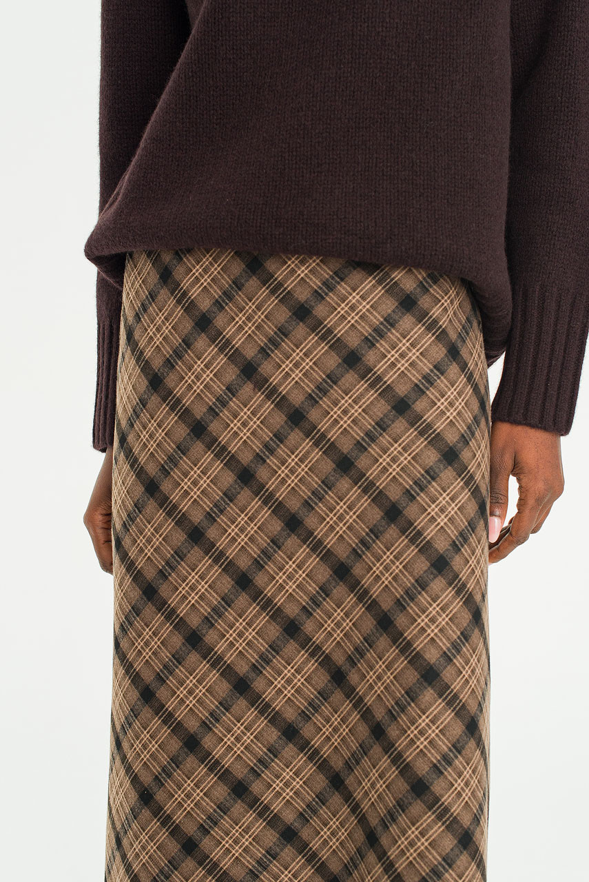Mare Check Long Skirt, Brown