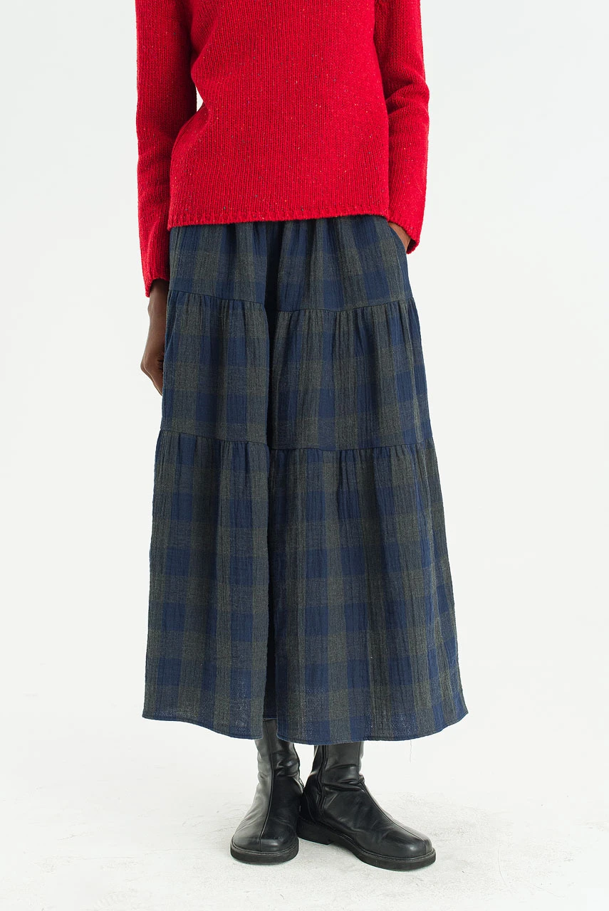 Tasha Double Face Check Skirt, Navy