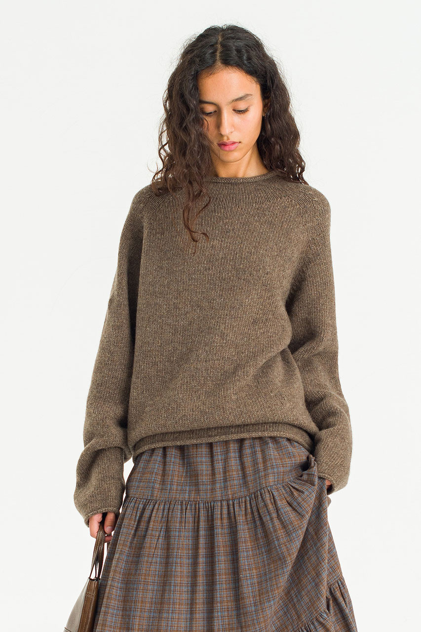 Boat Neck Wool Boxy Jumper, Brown