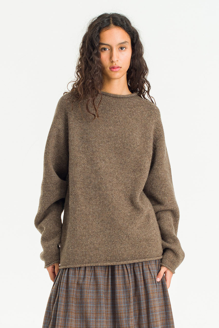 Boat Neck Wool Boxy Jumper, Brown