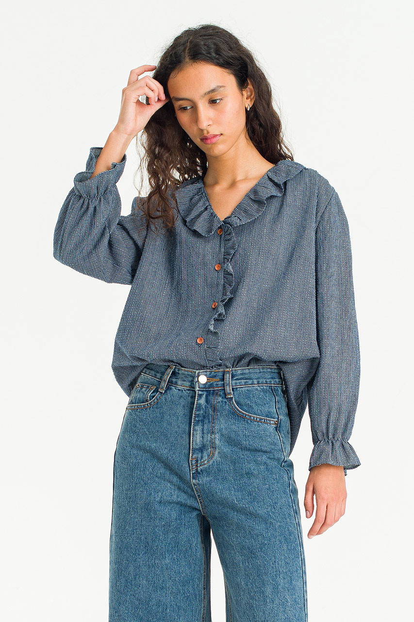 Vale Stripe Frill Blouse, Navy