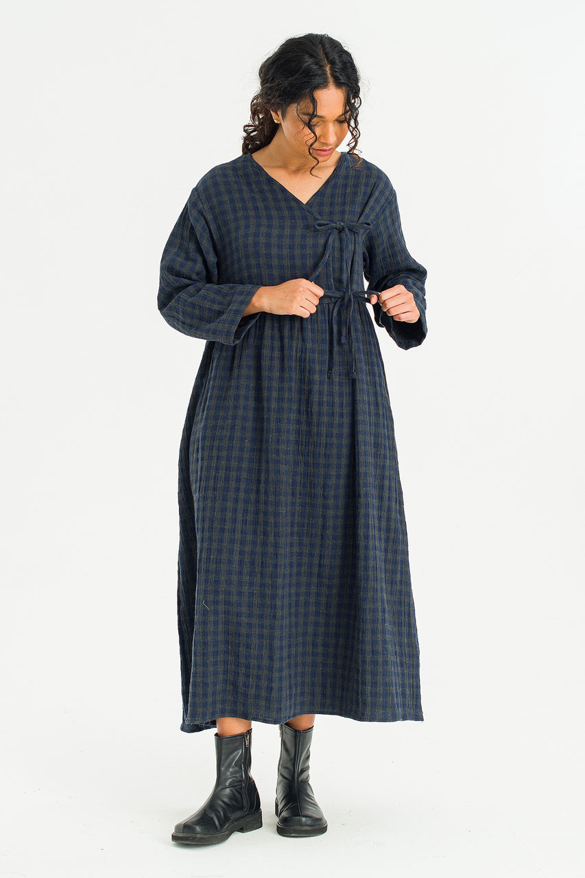 Tasha Double Face Wrap Check Dress, Navy