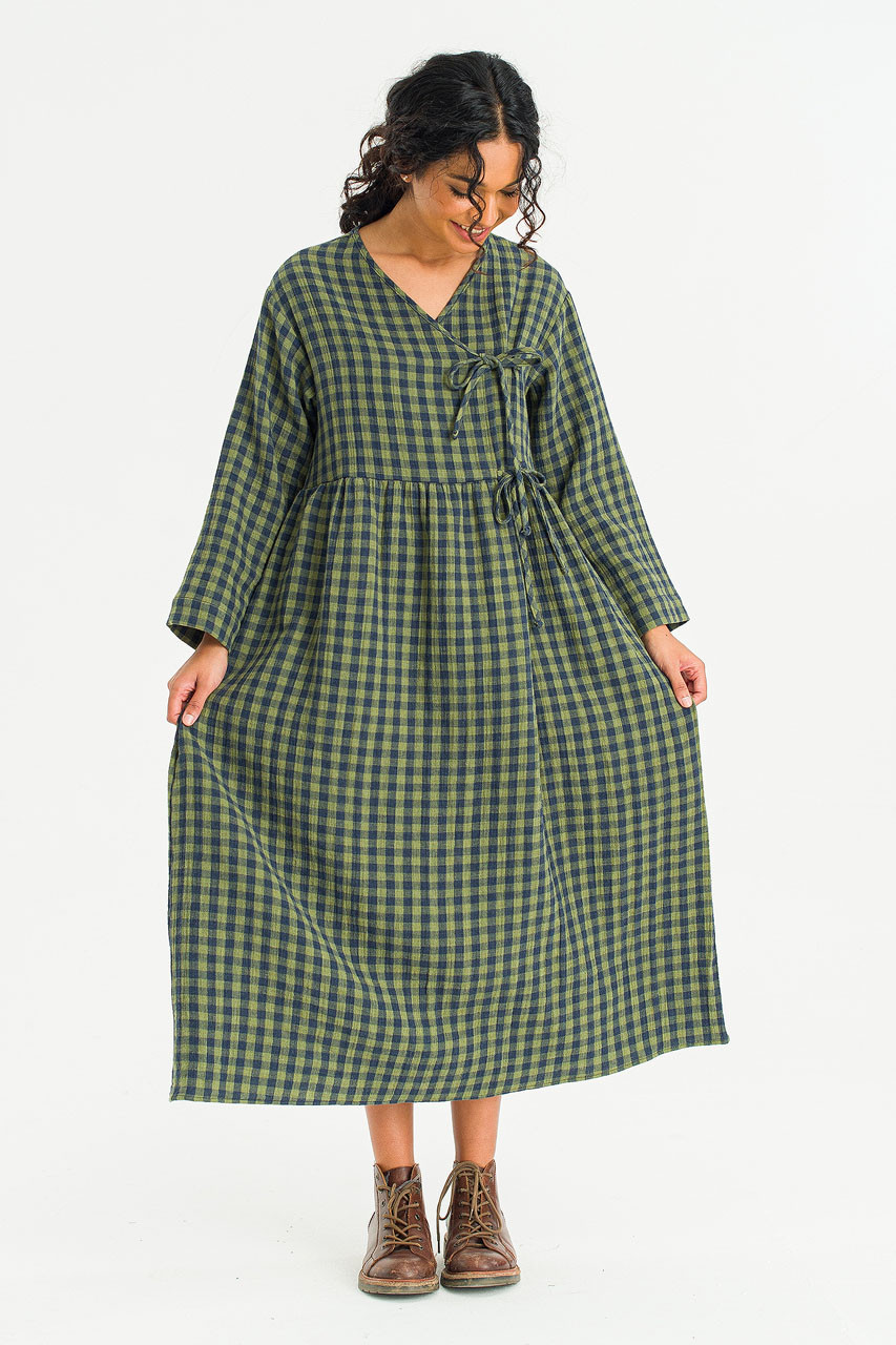 Tasha Double Face Wrap Check Dress, Green